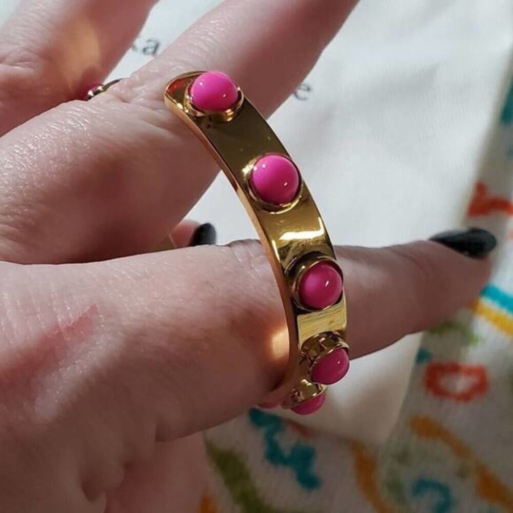 Kate Spade New York Gold Tone Pink Cabochon Studded Cuff Bracelet with Dust Bag - Picture 4 of 5
